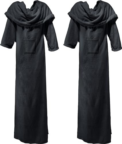 Erwin Müller Fleece Wohndecke XXL Foggia mit Ärmeln 2er-Pack anthrazit Größe 150x220 cm - aufgenähte Taschen, superweich, pflegeleicht