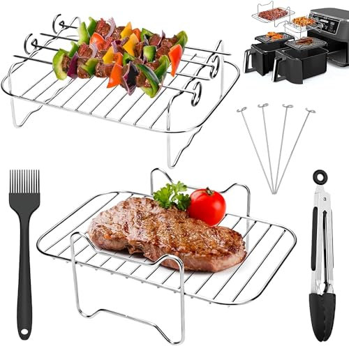 Ninja AF400UK/451UK Air Fryer Racks Set | Compatible with 9.5L Ninja AF400 & AF451 | Ninja Air Fryer Racks Dual Drawer, 304 Stainless Steel Grills with 4 Skewers, 1 Brush and 1 Tong