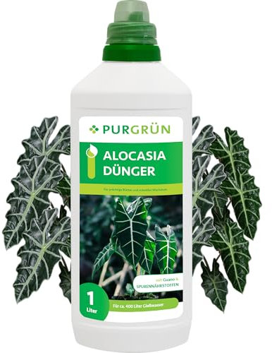 Purgrün® Alocasia-Dünger 1 Liter – Extra Stickstoff für schnelles Wachstum – Spurennährstoffe für intensive Blattfärbung – Ergiebiges Konzentrat für ca 400 Liter Gießwasser – Profi-Flüssigdünger