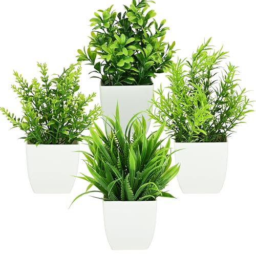 CECOMBINE 4 Stück Mini Künstliche Pflanzen mit Topf Kunststoff Gefälschte Pflanzen, Pflanzen Wie Echt im Topf Klein Kunstpflanze für Home, Büro, Tisch Dekor, Garten, Badezimmer