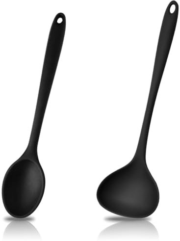 EXIN DEHCEN 2 Pezzi Mestolo Cucina Silicone Grande, Cucchiai di Mestolo Silicone Antiaderente, Mestolo da Zuppa Minestra, Cucchiaio Silicone Cucina per Cucinare, Cuocere, Mescolare e Servire (Nero)