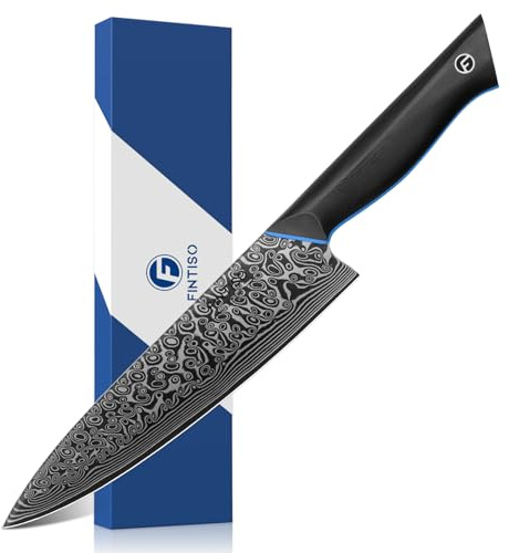 FINTISO Damascus Chef Knife 8 Inch, 67-Layer Japanese Damascus Steel Kitchen Knives with Full Tang G10 Handle, Sharp Hand-Forged Knife with Gift Box - Zeus Series