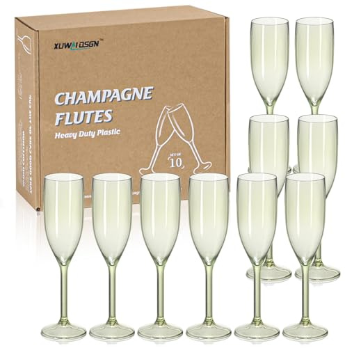 XUWAIDSGN 10 Pcs Reusable Champagne Flutes Plastic Wine Glasses Bulk Vintage Champagne Flutes Mimosa Bar Glasses Stemmed Drinking Cups 5.4OZ for Christmas Birthday Wedding Bride