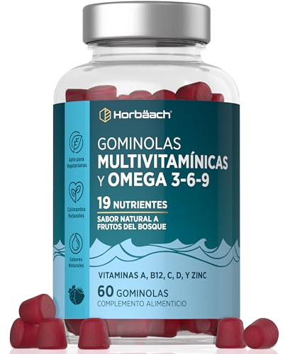 Multivitaminas Gominolas con Omega 3 6 9 | 17 Nutrientes con Vitamina D, A, C, B6, B12, E, Biotina, Yodo, Zinc y Ácido Fólico y Más | 60 Gummies Sabor a Frutos del Bosque | Horbaach