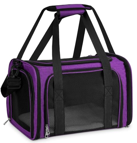 TOFFCAEA Bolsa de transporte para gato y perro, transportín plegable, portátil, para gatos y perros medianos de hasta 5 kg (lila, L) 43 x 28 x 28 cm (largo x ancho x alto)