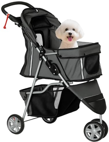 PawHut Carrito para Perros Plegable Cochecito para Mascotas Carrito para Perros Pequeños con Cesta de Almacenaje Ventanas de Malla y 2 Ruedas Universales Carga 15 kg 75x45x97 cm Gris Oscuro