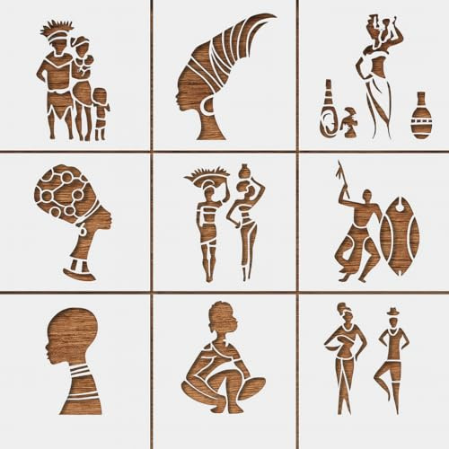 Set of 9 African Tribal Stencils 6 x 6 Inch – Reusable Mylar Templates for Painting, Wall Art, Scrapbooking, Crafts, and Home Décor Projects