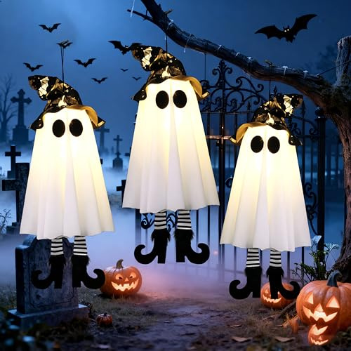Halloween Deko Outdoor Garten Licht, 3 Stück Zaubererhut Hängend, LED Halloween Dekorationen Outdoor, 51cm Schwebende Geist Licht Zum Aufhängen, Für Party Horror Terrasse Baum Veranda Deko