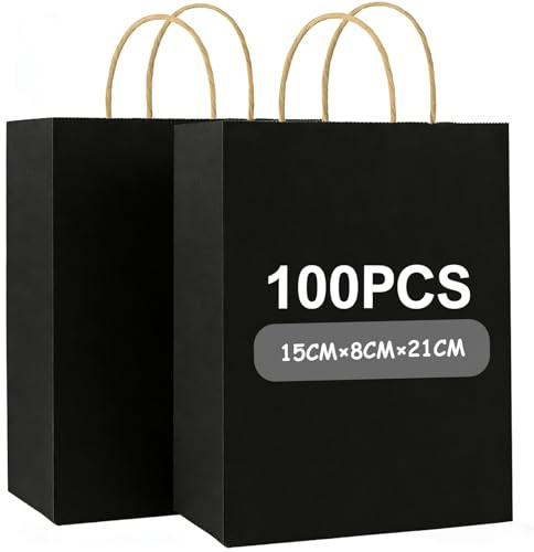Gaoyong 100 Stück Geschenktüten Schwarz kleine 21x15x8CM, Papiertüten Klein mit Henkel,Papiertüten für Geburtstagsfeier,Weihnachten,Geschenkverpackung,Einkaufstüten(verdicken 130gsm)
