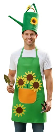 JadeLink Disfraz de Carnaval Delantal de Jardinero y Bolso Regadera Sombrero de Jardinero, Con Aplicaciones de Girasoles para Mujeres y Hombres, Accesorios para Disfraces de Carnaval