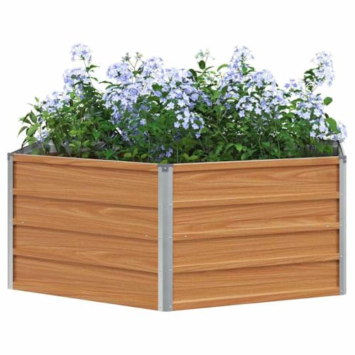 vidaXL Hochbeet im Garten Holzoptik 129 x 129 x 45 cm Verzinkter Stahl, Garten und Terrasse, Industrie, Langlebig, Sechseckiger Pflanzer, Verzinkter Behälter, Modernes Hochbeet, Urban