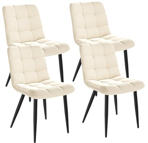 INRE Chaises de Salle à Manger,Lot de 4,Pieds en Métal,Pieds Réglables,Chaise tapissée,Dossier Ergonomique,Style Nordique,Blanc Miel