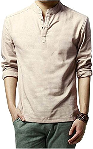 HOEREV Marke Men Casual Langarm-Leinen Shirts Strand-Hemden- Gr. XL Brust 102-106cm DE52, Farbe: Beige
