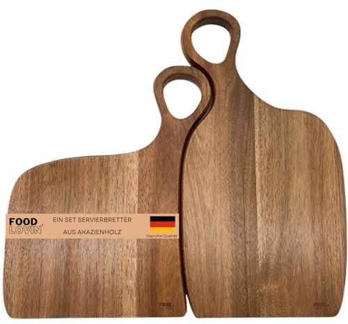 FOOD LOVIN' XL Servierbrett aus massiver Akazie, antibakteriell, Design Foodboard, 2er Set, zeitlose außergewöhnliche Schneidebretter, extra dick, Holzbrett, Fleisch- und Käsebrett, Antipasti