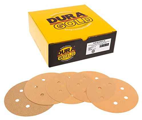 Dura-Gold Premium 80, 120, 220, 320, 400 Grit 6 Gold Sandpaper Discs, 6 Hole Pattern Dustless, 10 Each, 50 Total - Hook & Loop Backing for DA Sander, Sanding Automotive Paint, Woodworking Wood, Metal