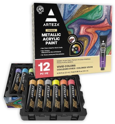 ARTEZA Metallic Acrylic Paint Set, 12 Colors, 22 ml (0.74 fl oz) Tubes, Rich High-Viscosity Shimmer Paint for Canvas, Wood, Rock & Mixed Media