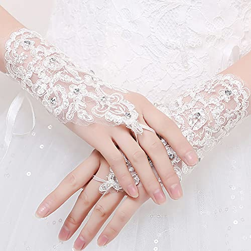 Carufin Guantes de novia de encaje Guantes cortos sin dedos con flores de cristal Guantes de salón de novia para accesorios de disfraces de fiesta de boda para mujeres y niñas (Blanco)