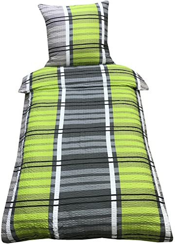 Leonado Vicenti Bettwäsche Seersucker 155x220 Grün Grau Gestreift Microfaser Set mit Reißverschluss