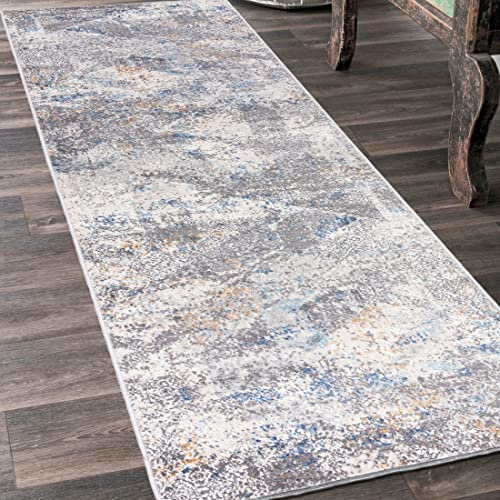 Mazovia Teppich Läufer Flur - Modern Teppichläufer – Kurzflor, Weich - für Vorzimmer Eingangsbereich Schlafzimmer Küche Korridor - Abstrakt Muster - 60 cm Breite Grau Blau 2 60 x 125 cm