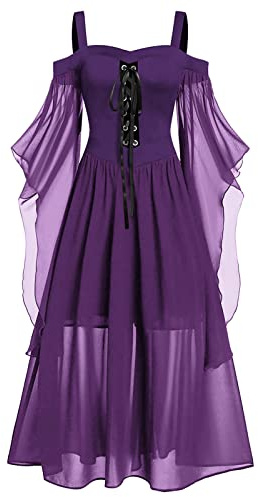 STKOOBQ Vestido largo de manga larga con hombros descubiertos y hombros descubiertos para mujer, con cordones, para Halloween, color sólido, elegante (morado, XL)
