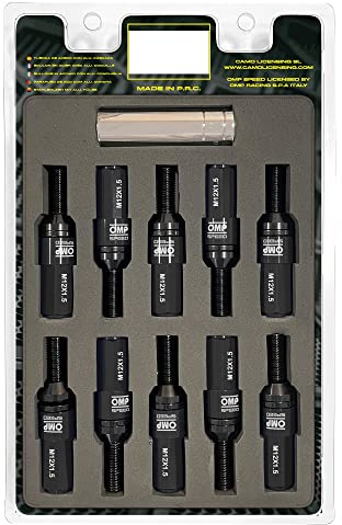 OMP SPEED Set 20 Radschrauben schwarz mit metrischer M14X1,5 Schlüssel 17-19 lang Gewinde 28 mm mit schwarzem Aluminium 7075 + DIN 12,9