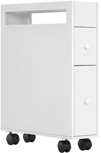 HOMCOM Badezimmerschrank Nischenschrank schmal mit Schublade auf Rollen, Badschrank Toilettenschrank Beistellschrank für Badezimmer, kleine Räume, 16 x 49,5 x 66 cm, Weiß
