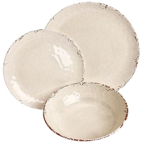 Rustic Pearl Vajilla 12/6/3 piezas, vajilla de melamina, cocina, camping, picnic, beige, marrón, blanco (1 persona/3 piezas)