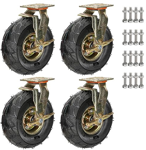 Heavy Duty Rubber Caster Wheel - 4pcs Pneumatic Swivel Caster, Double Ball Bearing, 8/10in Wheelbarrow Tires, With Side Brakes, For Hand Truck/Tool Cart/Garden Carts ( Color : Brake , Size : 200mm/8in