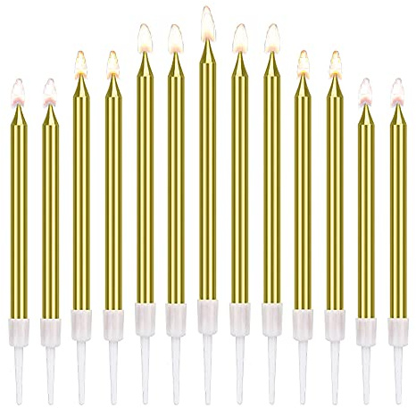 100 Pcs Bougie Gateau Anniversaire, Support Métallique Bougie, Longue Bougies d'Anniversaire Or une Bougies pour Décorations Gâteau Fête D'anniversaire Mariage, Or