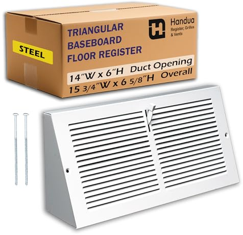 Fits 14x6 Duct Opening | Steel Triangular Baseboard Air Supply Grille with Damper by Handua| Air Register Vent Cover Grill | 3-13/16 Depth | White | Outer Dimensions: 15-3/4 x 6-5/8