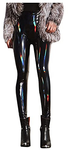 Pantalones de cuero para mujer, cintura alta, color negro, lacado, leggings para mujer, brillantes, XXL, coloridos pantalones de cuero reflectantes, pantalones de cuero brillantes, aspecto de cuero,