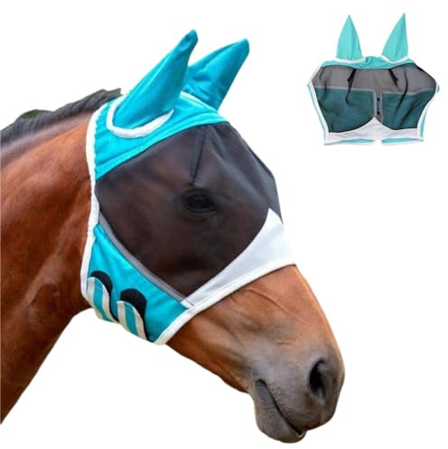 GYWHOOFT Azul Talla L Máscara para moscas de caballo, protección UV, Super Comfort Stretchy, máscara para moscas con protección para las orejas, capucha para caballos, máscara para moscas Horse Fly