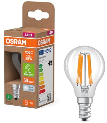 Osram LED-Lampe in klassischer Miniballform, mit dekorativem LED-Filament, Energieeffizienzklasse A, E14, 1.2 W, 255 lm, 4000 K, kaltweiß. Ohne Aufwärmen, sofort 100% Licht.