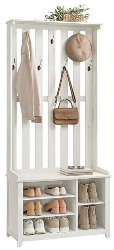 VASAGLE Garderobenständer, Kleiderständer, Schuhbank, Garderobe, Jackenständer mit Ablage, 7 Doppelhaken für Jacken, Hüte, Flur, Schlafzimmer, Wohnzimmer, 35 x 81 x 180 cm, vintageweiß HSR414W01