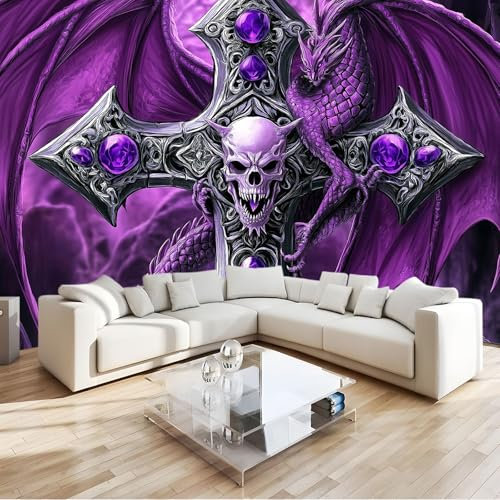 Moda Art Papel Tapiz Piedra Preciosa Amatista Calavera Dragón Volador Arte 3D Mural De Papel Pintado 250x175 cm Fotomural Decoración De Papel Tapiz Fondo de Pared de Tv de Fotografía
