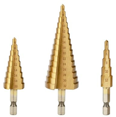 Voarge 3 Pcs Broca Escalonada, 4-12/20/32mm broca ranurada en espiral, Vástago Hexagonal Cortador de Agujeros para Madera y Metal