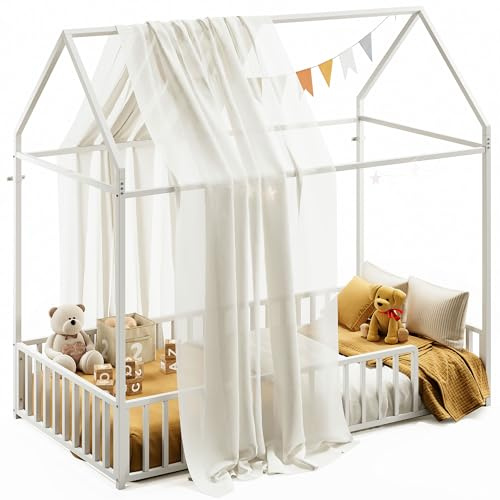 LIKIMIO Twin Floor Bed with Fence Guardrails, Metal House Bed, White