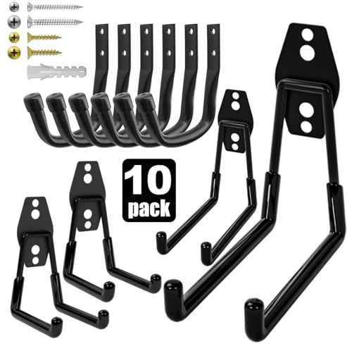 Jikro Heavy Duty Wall Garage Hooks, Steel Anti-Slip Utility Hooks Storage Organization Hangers for Ladders, Bikes, Hose, Garden Tools, Coats, Bags with Mounting Hardware Kit (Black, 10 Pack)