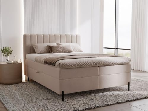 GRAINGOLD Primavera Lit 180x200, Boxspring avec Coffre de Rangement, Rembourré avec Matelas à Ressorts Bonell, Lit Double, Tissu en Velours, avec Surmatelas, avec Tête de Lit (Beige, 180x200)