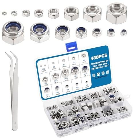 Moendergo 430PCS Selbstsichernde Muttern Set Edelstahl, Sechskantmuttern und Sicherungsmuttern 15 Größe Sechskantmutter Set，Edelstahlmutter mit gebogener Pinzette M2 M3 M4 M5 M6 M8 M10 M12