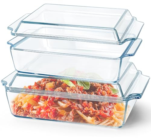 2 Pack Rectangular Glass Casserole Dishes with Lids, 1.5L + 2L Square Baking Dishes for Oven, Clear Stackable Serving Dish Set for Kitchen Home Restaurant Hotel, Microwave Safe
