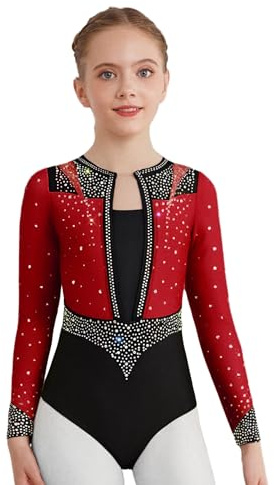 Alvivi Maillot Brillante para Gimnasia Rítmica Niña Body Manga Larga Leotardos de Danza Multicolor Maillot Competicion Patinaje Disfraz de Bailarina de Ballet borgoña 9-10 años