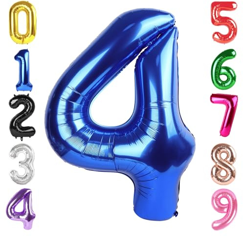 40 Inch Metallic Blue Number 4 Balloon, Giant 4 Number Balloons for 4th Birthday Decorations, Party Supplies for Baby Boy Girl, Metallic Blue Party Decor​​