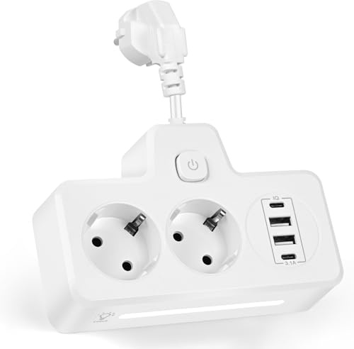 Dubbel kontakt för uttag, grenuttag 2-fack, väggdistributionsuttag med 2 USB A och 2 USB C, kompakt grenuttag för kontor, hem och resor, 13 A/3 250 W (vit)