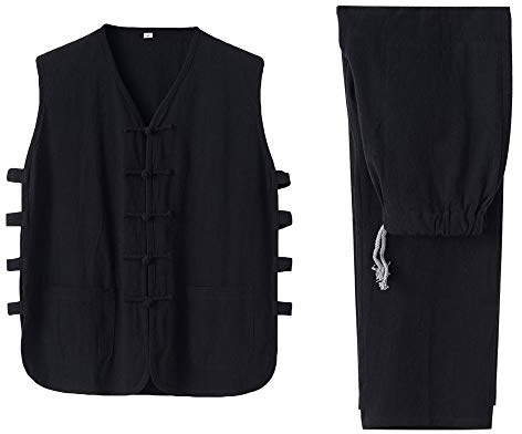 ZooBoo Kung Fu Mens Linen Vest -Chinese Traditional Mens Vintage Sleeveless Linen Vest, Qi Gong Martial Arts Wing Chun Shaolin Tai Chi Training Cloths Apparel (XXL, Black)