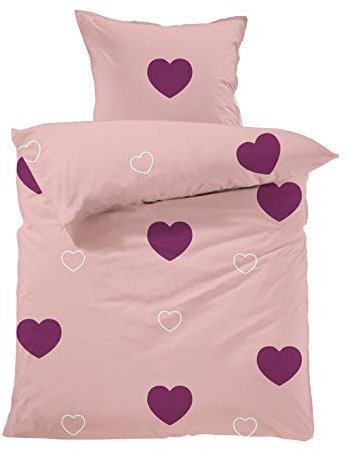 Lavea Bettwäsche Set – Emilia 135 x 200 cm + 80 x 80 cm – Herzmotiv Rosa-Bordeaux – Bio Bettwäsche Mädchen – 100% Baumwolle – GOTS Zertifiziert – mit Reißverschluss