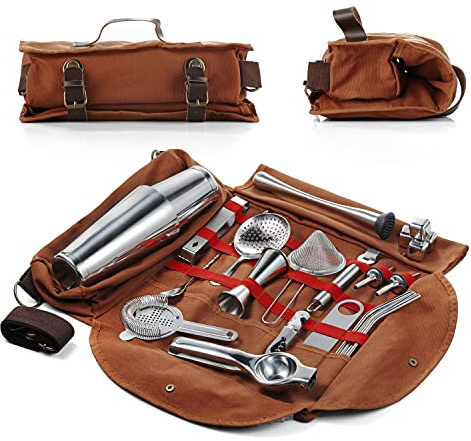 Hyoank Kit de Barman | Juego Profesional de Mezcla de 25 Piezas con Bolsa de Viaje portátil | Juego de Herramientas de Barra de Acero Inoxidable para Hacer cócteles en casa, Fiestas, Camping