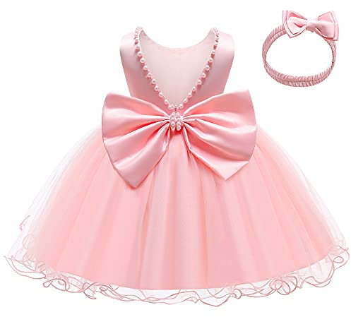 LZH Baby Girls Ruffle Lace Backless with Headwear,Bowknot Flower Dresses Pageant Party Wedding Baby Pink 12-18M