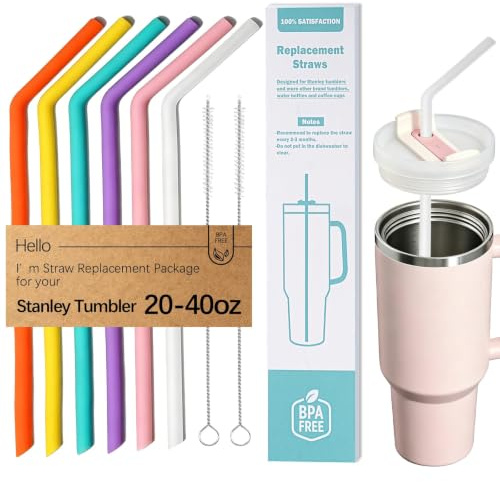 WK ieason Ersatz Silikon Strohhalme Wiederverwendbare Bendy Trinkhalme Kompatibel mit Stanley 20-40oz Becher und andere Marken mit 2 Bürsten, Farbe Ungiftige Strohhalme für Kleinkinder und Kinder