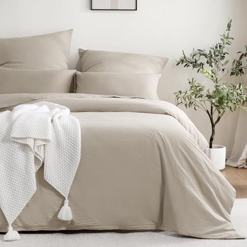 ATsense Bettwäsche 135x200 Baumwolle 2teilig, Stonewashed Bettwäsche-Sets Beige Ähnlich wie Leinen, Oeko-TEX, Hypoallergen und Atmungsaktiv, 1 Bettbezug und 1 Kissenbezug 80x80